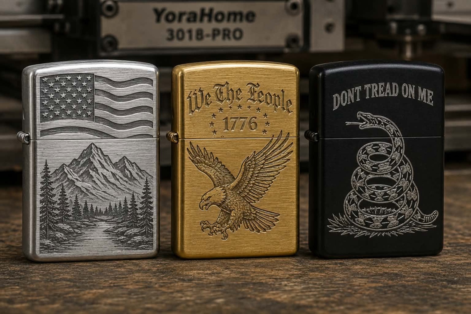 Engraved lighters, steel and brass